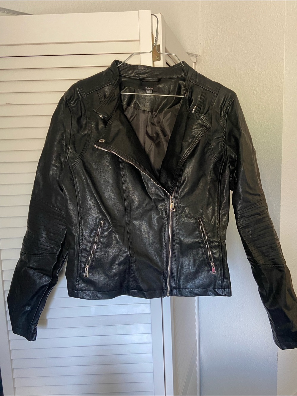 Black Faux Leather Moto Jacket with Quilted Sleeves